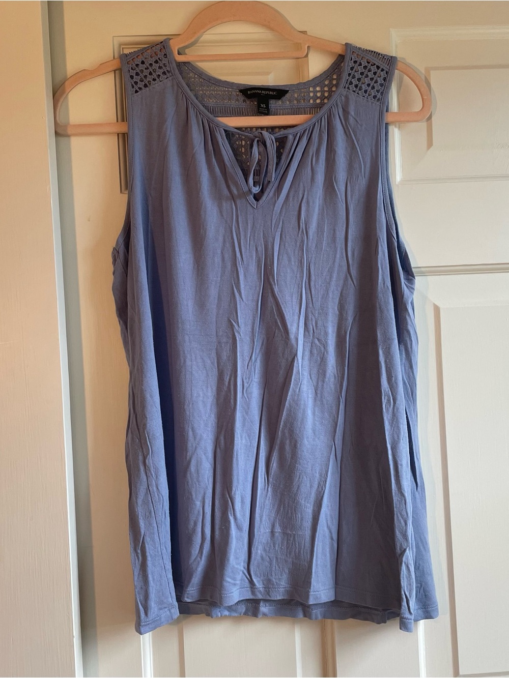 Banana Republic Dusty Blue Crochet-Detail Tie-Neck Tank